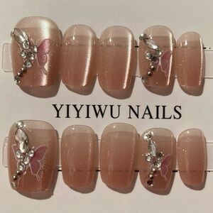 [S] 🦋 10Pcs Wearable Press on Nails Short Square Rhinestone Butterfly Beige